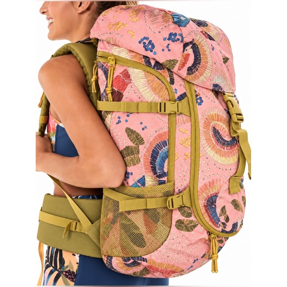 FARM Rio Pink Yellow Printed Hiking Camping Backpack NWT Large Travel Pack